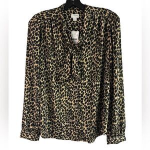 NWT J Crew Animal Print Tie Neck Button Down Blouse Size S